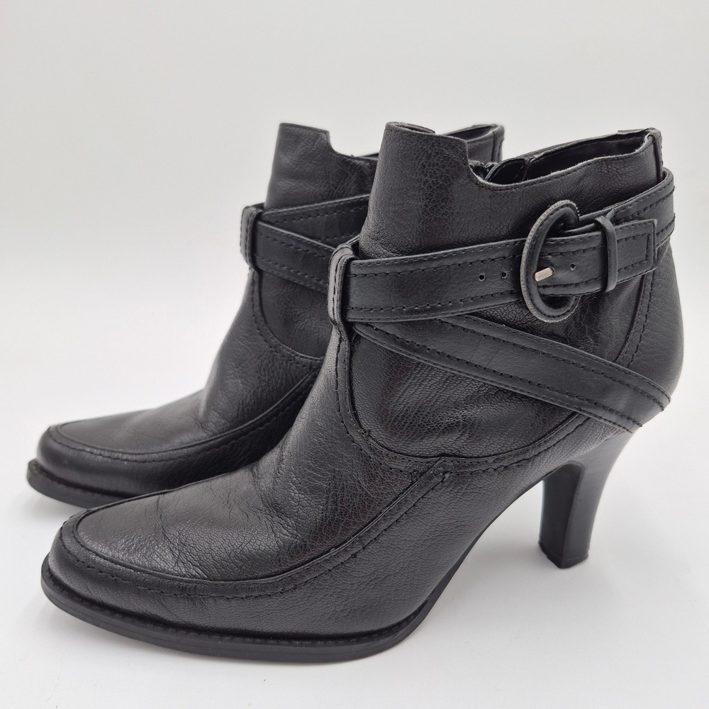 Apostrophe Giselle Black Leather Ankle Boots Buckle Strap Heels Womens 6.5